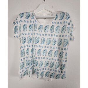 J. Jill Love Linen Womens White & Blue Paisley V-Neck Short Sleeve Top Medium